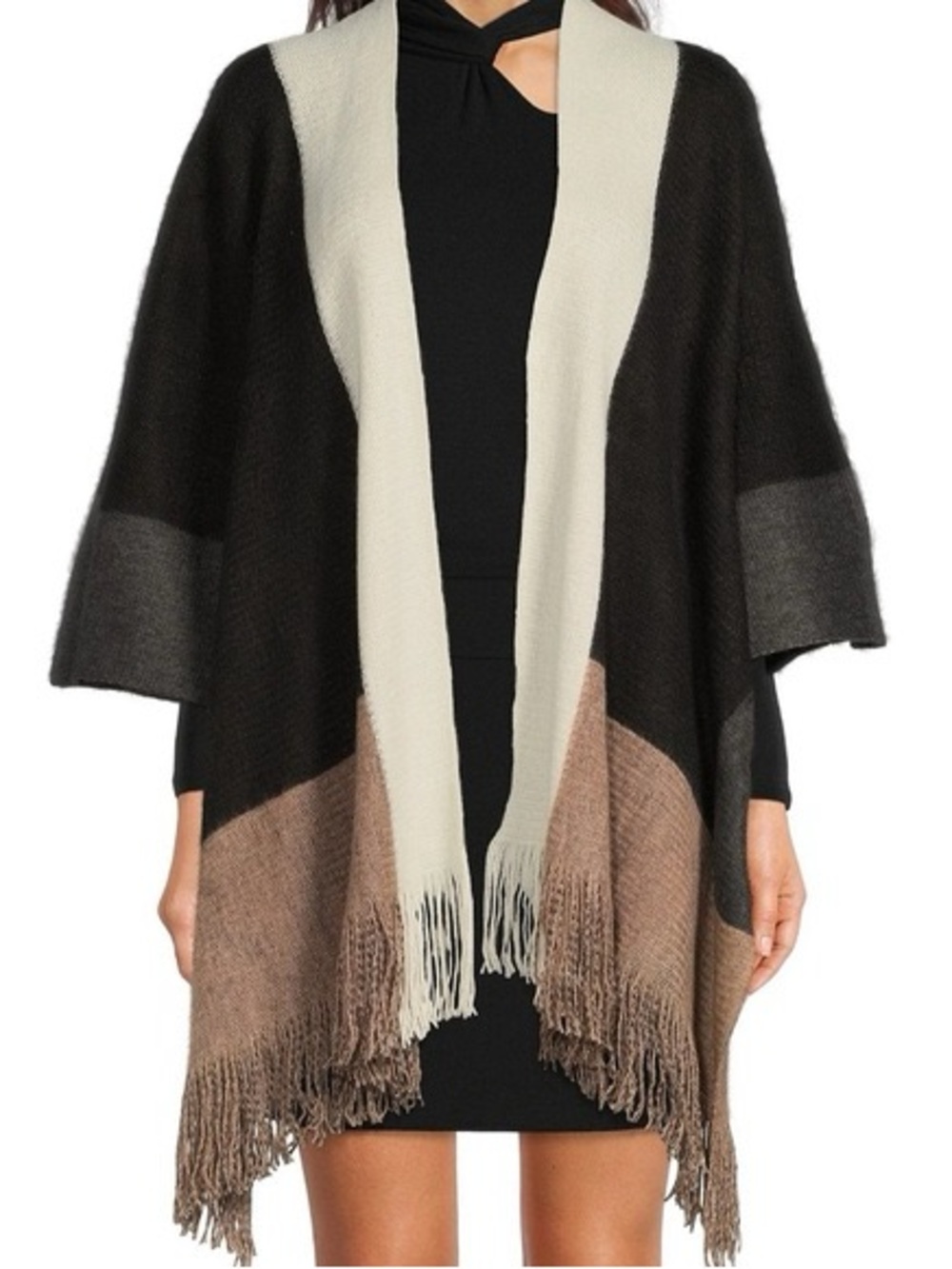 Vince Camuto Colorblock Fringe Open Front Poncho Sweater - Black, Cream & Brown